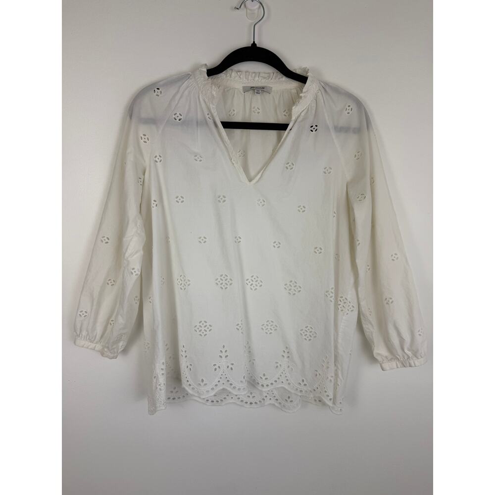 Madewell Womens Eyelet Popover 3/4 Balloon Sleeve White Scalloped Blouse Top XXS